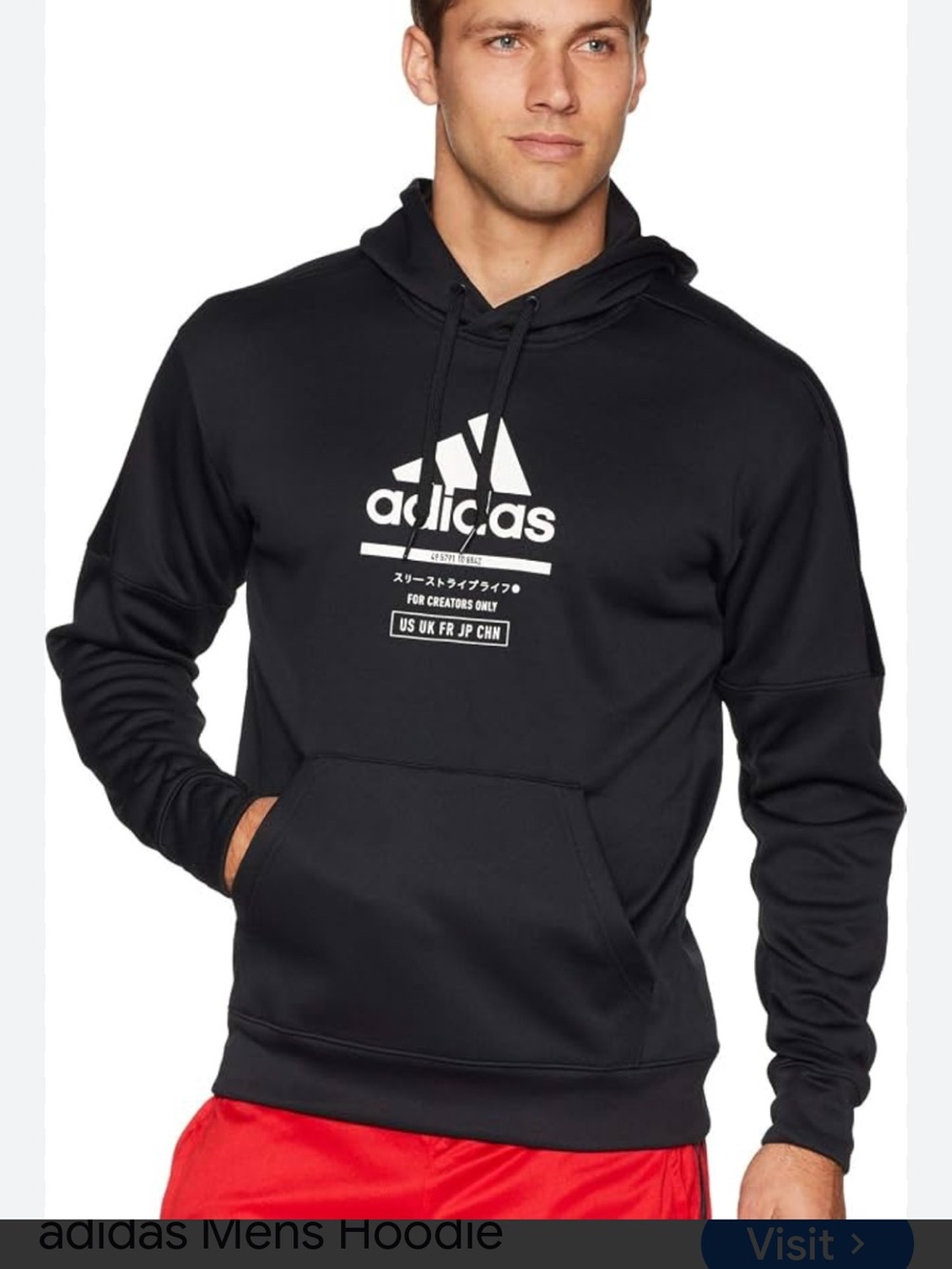 Adidas,  Black Hoodie with White Logo Print and kangaroo pockets